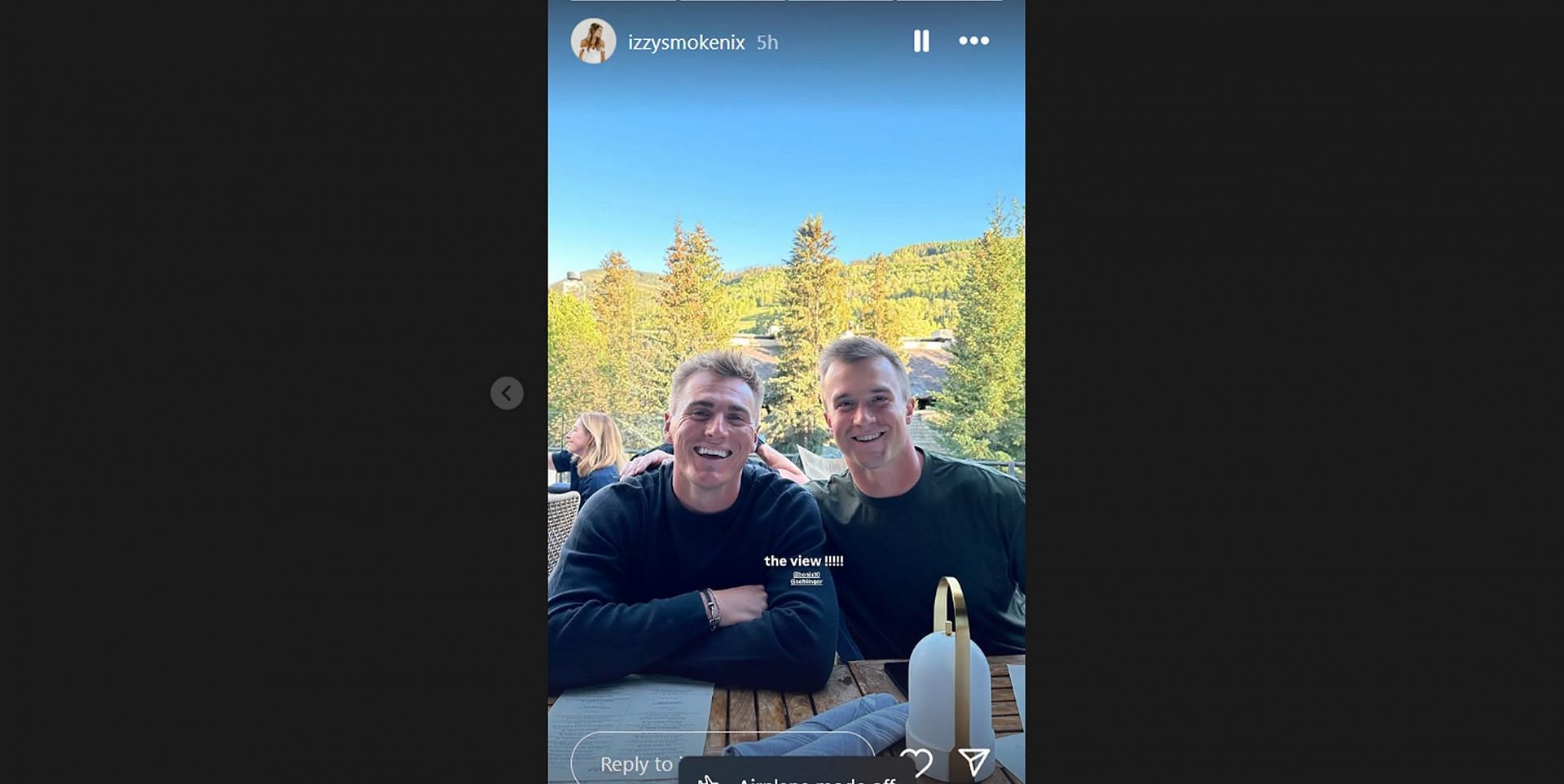 Still from Bo Nix's wife Izzy's Instagram story/@izzysmokenix